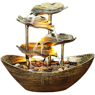 Gold Lotus Leaf Tabletop Fountain With Led Light & Usb Pump