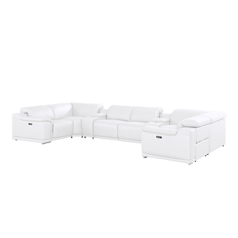 8-Piece U-Shaped Power Reclining Sectional In Genuine Leather – 4 Recliners, White Top Grain Leather