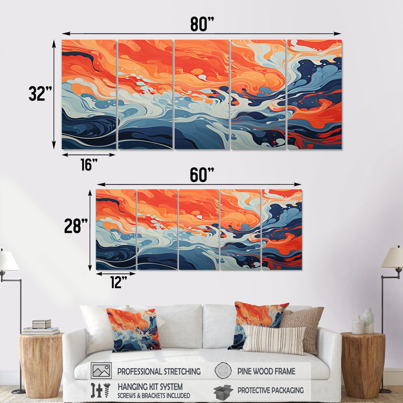 Encre liquide bleue et orange «Waves I» - Encre liquide abstraite 5 pièces, H 32 po x l 80 po