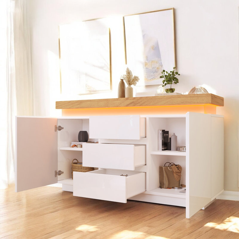 White High-Gloss Sideboard With 2 Doors And 3 Drawers,Storage With RGB LED(App-Controlled) Multi-Purpose Cabinet