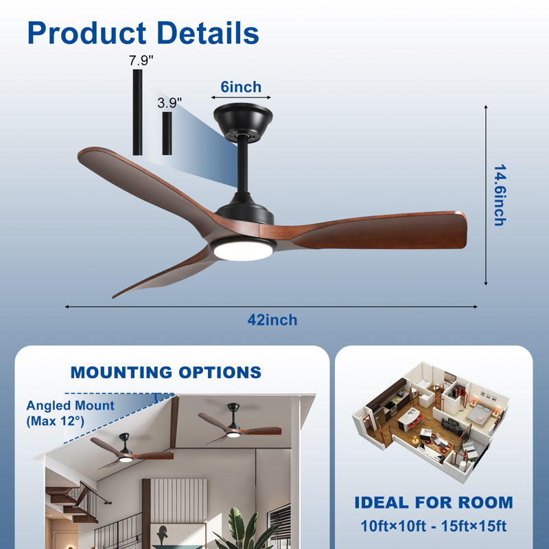 42" Walnut Modern Ceiling Fan with Light and Remote APP, Walnut/Black 
