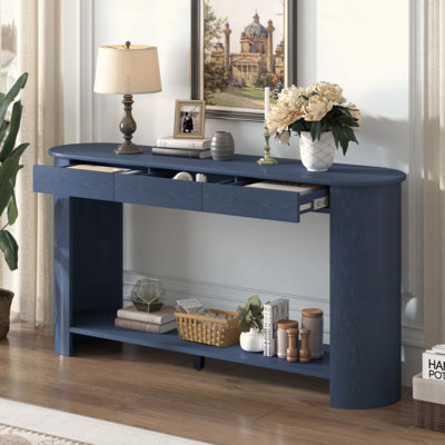 Console moderne en placage de chêne avec 3 tiroirs, table d'entrée de style campagnard avec tablette, table de canapé en bois de conception semi-circulaire, convient au salon, au couloir, au vestibule, au vestibule, au couloir