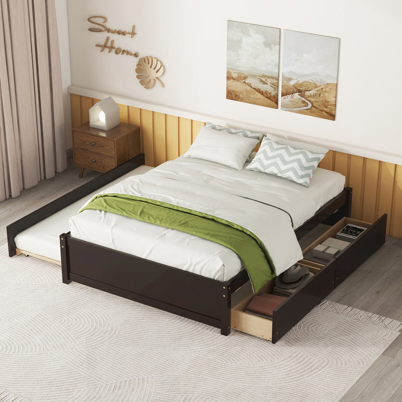 Bed With Twin Trundle And Two Drawers, Espresso