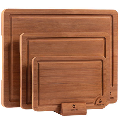 Ensemble de 3 planches à découper en bambou avec pattes antidérapantes et support pour évier. Planche à découper robuste et épaisse en bois avec rainure pour le jus. Offerts en plusieurs tailles (grand, grand, petit). Parfait pour la cuisine, les légumes, la viande et les barbecues.