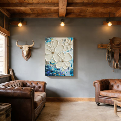 Abstrait floral blanc, 20 x 30 pouces, cadre mural en bois à l'arrière