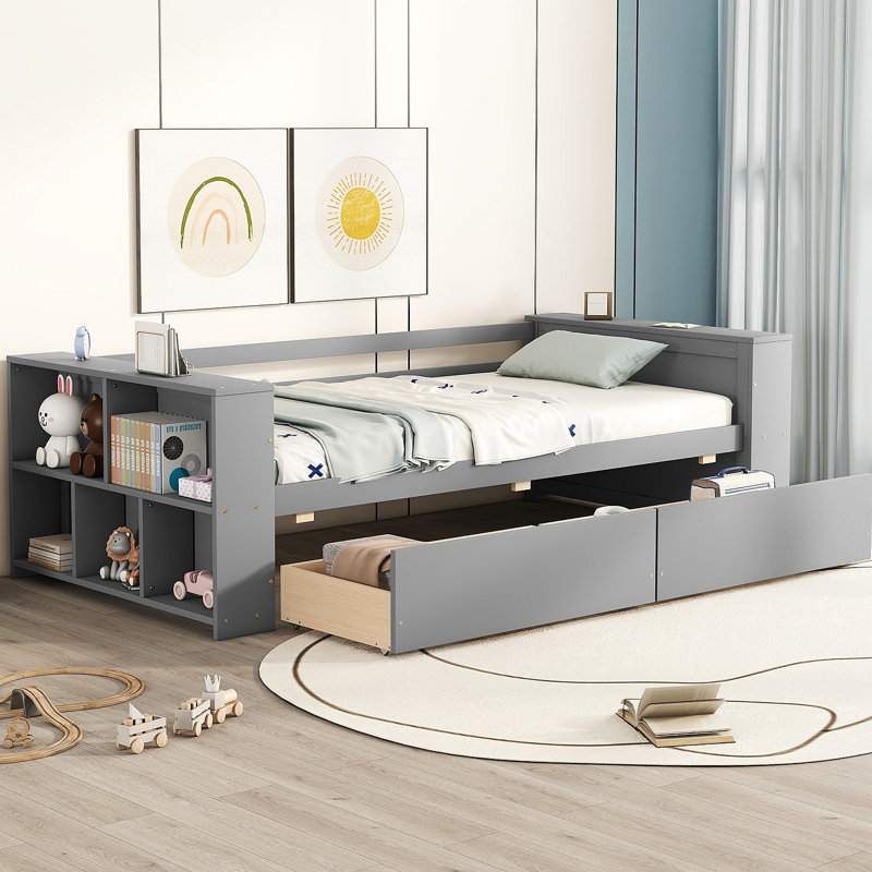 Lit de jour simple avec tablettes et tiroirs, gris