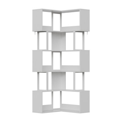 Space-Saving Tall L-Shaped Corner Bookshelf - 6-Tier Freestanding Metal & Wood Display Rack with Baffle - Modern Storage Shelf for Living Room or Home Office - White, 62.6" High