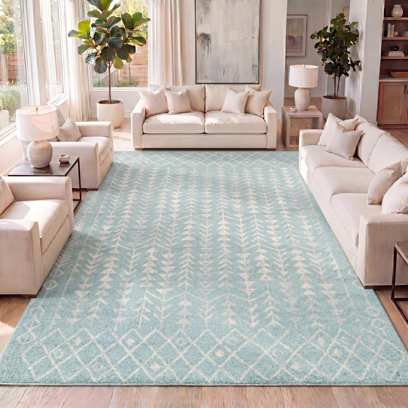 Kelliann Moroccan Geometric Turquoise/Cream Rug, Rectangle 3' x 5'