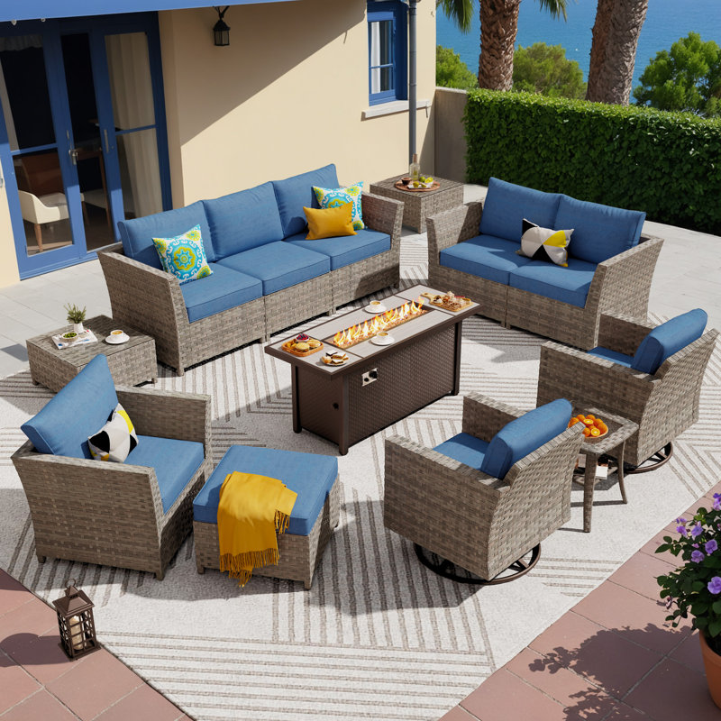 Ensemble de mobilier de patio pour 9 personnes avec assemblage à bascule pivotant, ensemble de conversation modulaire en rotin et osier avec coussins, ensemble de conversation pour canapé toutes saisons avec foyer d'extérieur