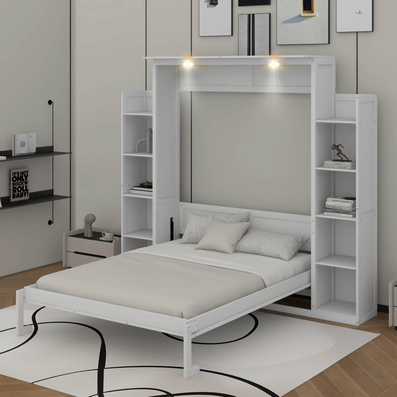Grand lit escamotable avec tablettes et DEL, Blanc