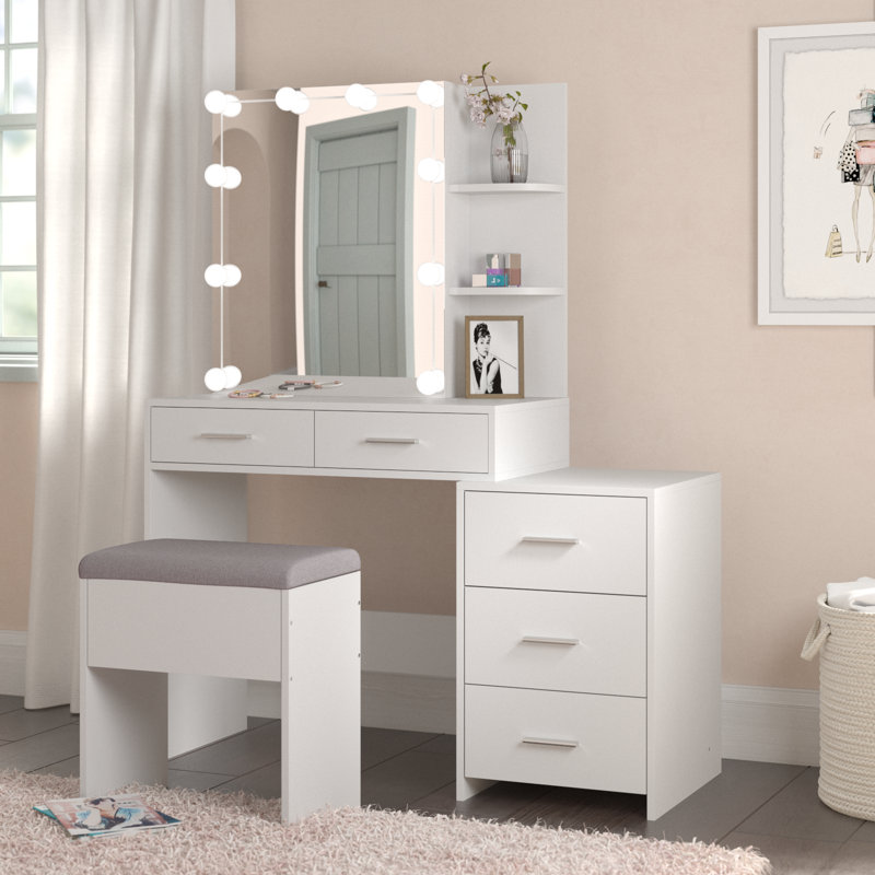 Calletano 44.3"Wide Makeup Vanity Set with Mirror Cabinet, Stool,5 Drawers, White