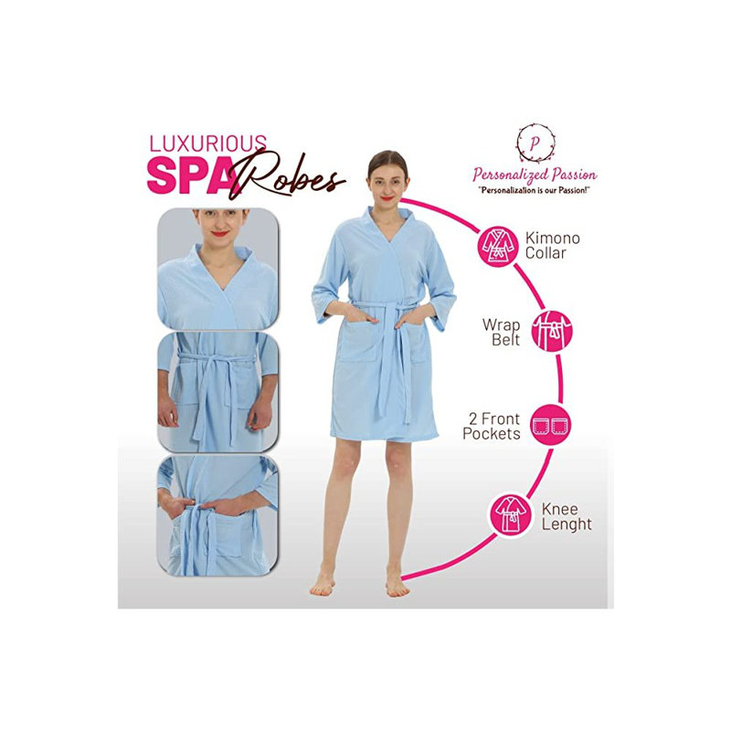 Peignoir en microfibre gaufré unisexe au-dessus du genou avec poches, Bleu clair, P-M, Oui