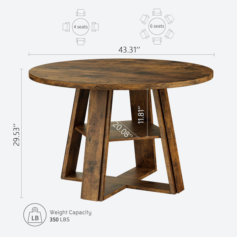 Table de salle à manger ronde 43,3 po pour 4 à 6 personnes, table de cuisine circulaire moderne avec base en piédestal en bois avec tablette de rangement, pour la cuisine, la salle à manger et la table de salle à manger (Rustic)