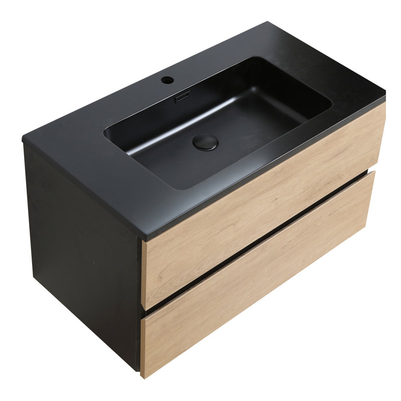 Ensemble de meuble-lavabo simple 35 po mural, Noir / chêne rustique, Noir mat