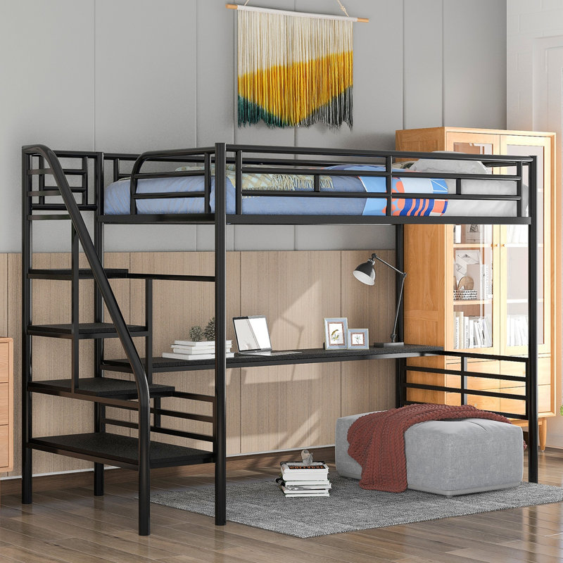 Structure de lit mezzanine en métal avec bureau, aucun sommier nécessaire, simple, noir