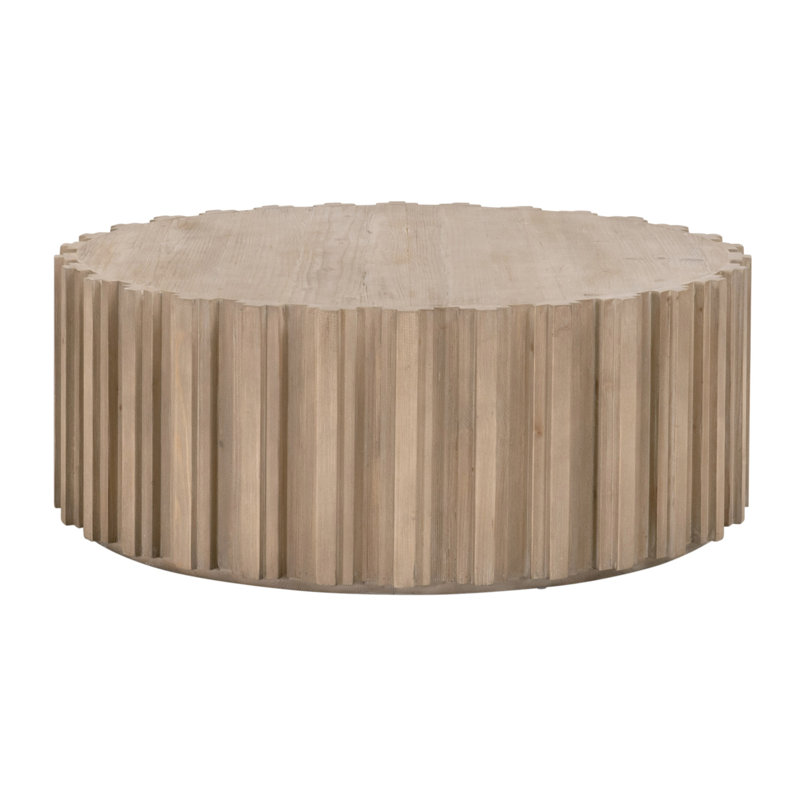 Gray Reclaimed Pine Round Coffee Table with Fluted Design