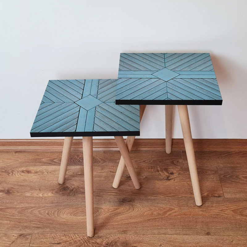 Tables gigognes bleues modernes (2 pièces) avec pieds en bois de hêtre, 13,8 x 18,5 x 13,8 pouces et 13,8 x 16,5 x 13,8 pouces | 100% panneau de fibres à densité moyenne, épaisseur de 0,7 pouce | Conception géométrique élégante, parfaite pour le salon et les espaces contemporains