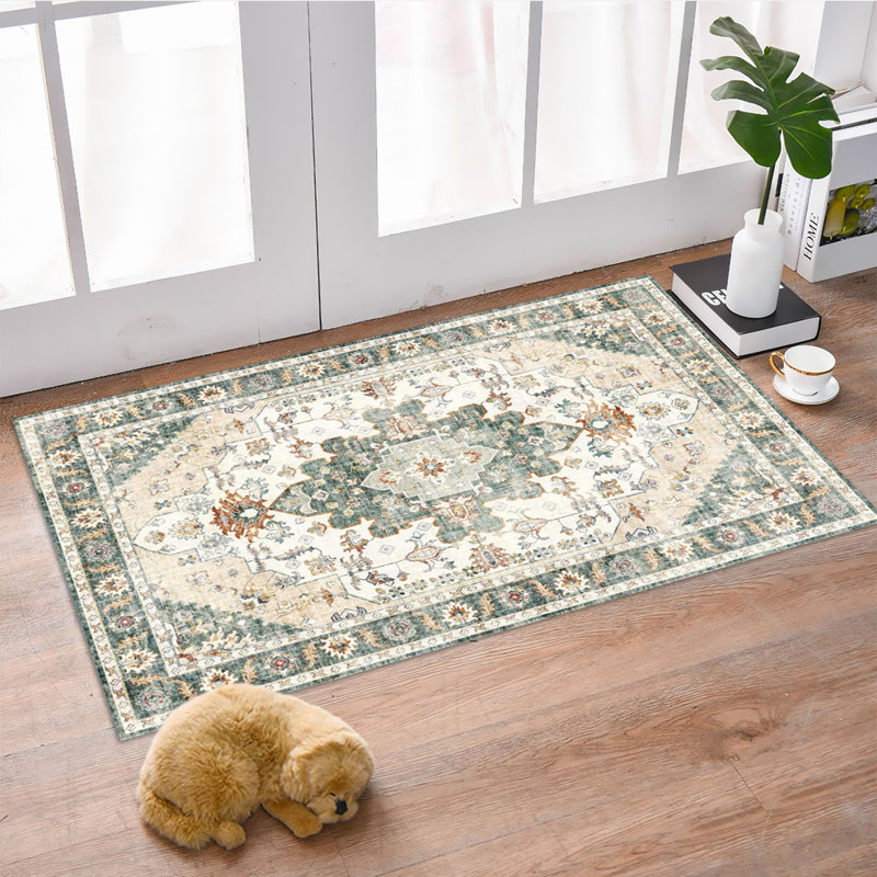 Vintage Persian Area Rug, Green Beige Floral Indoor Carpet, Washable Durable Rug for Living Room, Bedroom, Entryway, Farmhouse Decor