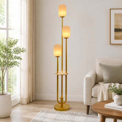Vintage mid-century floor lamp with an integrated shelf, dimming, LED bulbs, 3 lights at 3000K soft warmwhite, and a 5Lbs heavy base; tall standing light for living rooms, bedrooms, and offices.