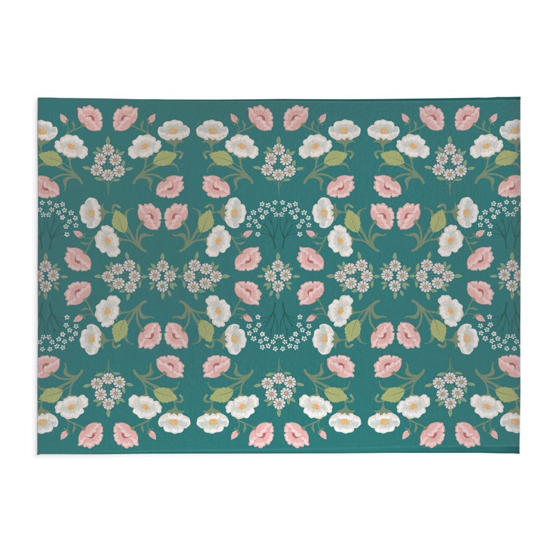 Tapis de cuisine antidérapant May Flowers, Sarcelle, Rectangle 5 pi x 7 pi