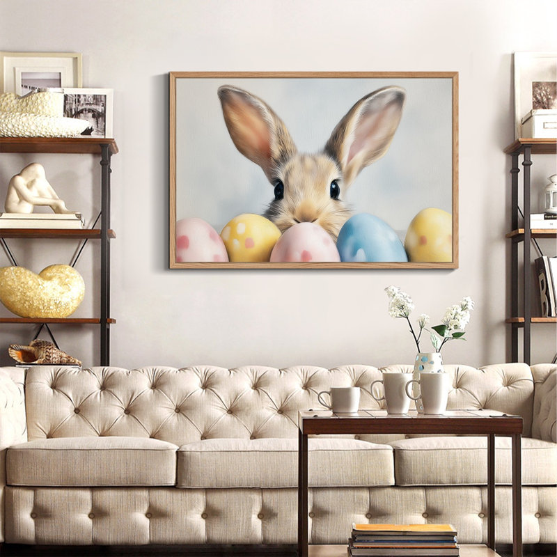  Art mural encadré de lapin de Pâques - Charmante décoration murale printanière, œuvre de lapin ludique pour la décoration de Pâques, cadre flottant, 18 po x 24 po