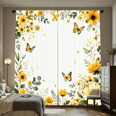 2 Panels Light Filtering Curtains, Yellow Sunflower Green Leaf Vibrant Floral Butterfly Spring Summer Print Home Decor, Easy Hang Rod Pocket Design, All Season Window Drapes for Living Room Bedroom Dormitory Cabinet Decoration