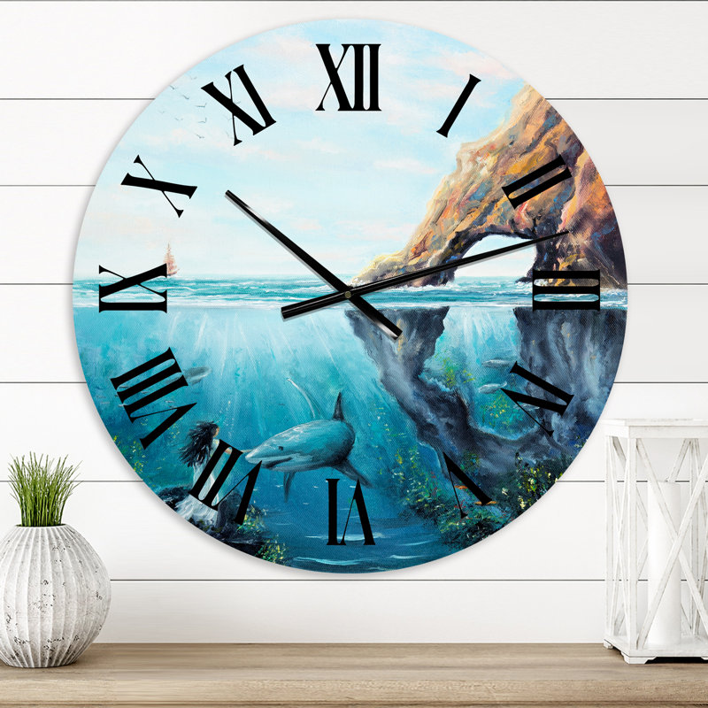 Fée sous-marine et requin océan et MountaIn World - horloge murale nautique et côtière, Surdimensionné