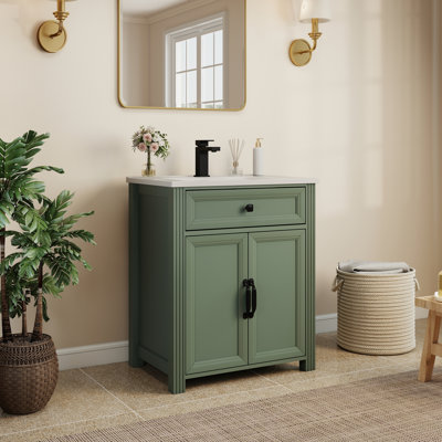 Ensemble de vanité moderne avec pieds renforcés et surface peinte, lavabo sur pied de style milieu du siècle avec rangement, meuble-lavabo haut de gamme avec tiroir à couvercle rabattable et poignées en métal