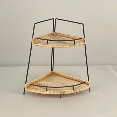 Multi-Functional Corner Countertop Spice Rack, 2-tier Bathroom Counter Storage Shelf With Iron Frame, 13.7" Tall Wooden Desktop Storage Tray For Dressing Table, Kitchen, Bedroom