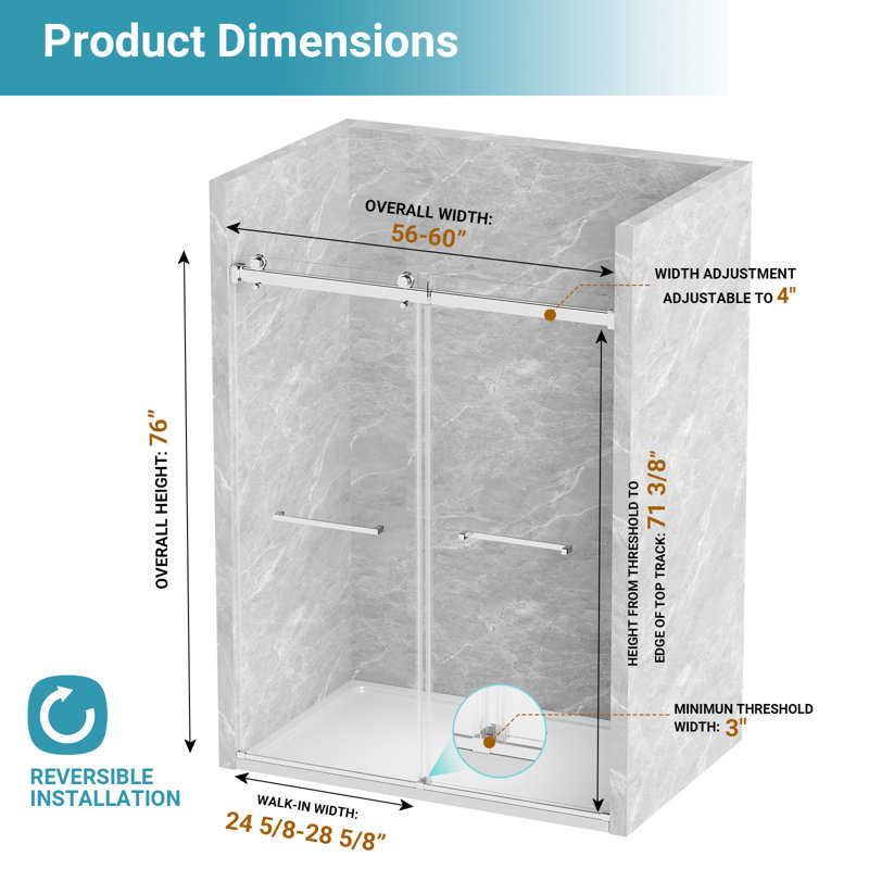 56"-60" W X 76" H Double Sliding Frameless Shower Door With 5/16-in (8mm) Tempered Glass, Stainless Steel Accessories Chrome