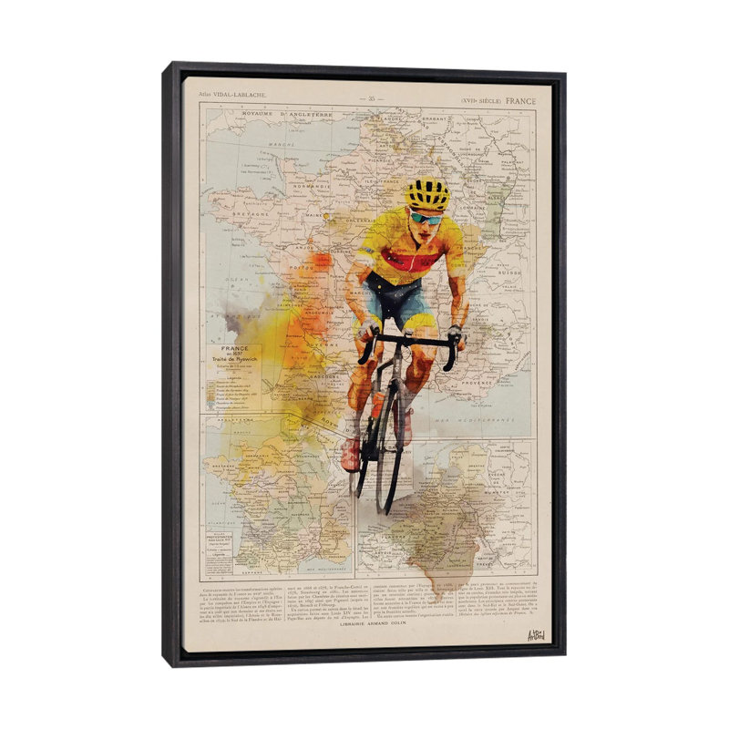 Tour de France, aquarelle, Toile encadrée flottante noire patinée, Pas de tapis, H 48 po x l 32 po x P 1,5 po