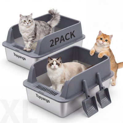 2 Pack Stainless Steel Litter Box, Extra Large Litter Boxes for Big Cats, XL Metal Cat Litter Box with Lid, High Sides, Anti-Urine Leakage, Non-Sticky, Scoop Included