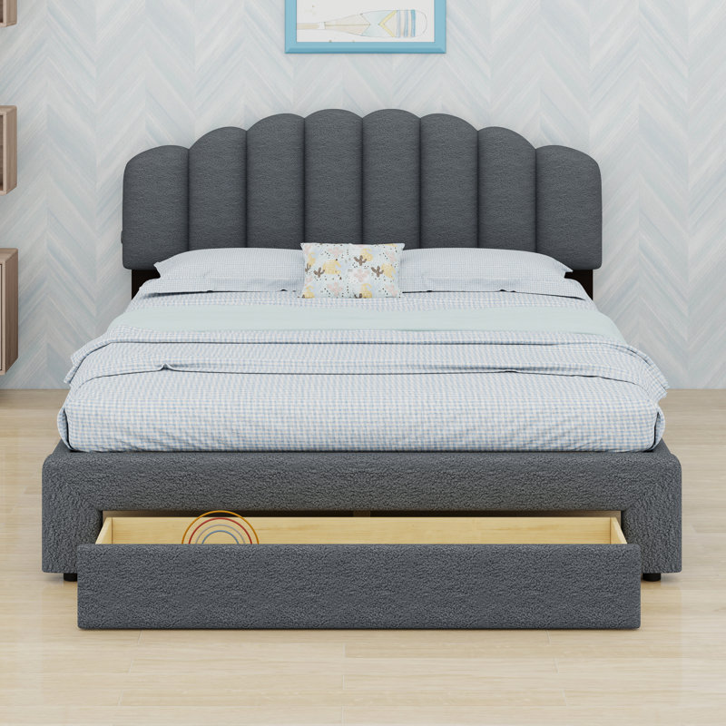 Upholstered Wooden Bedframe With LED Lights , USB Ports And Drawer, Gray