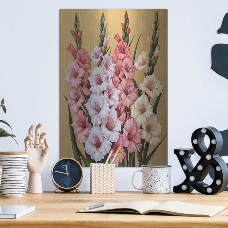 «White and Yellow Pink Gladioli» par Momart, art mural en métal, 12 po x 16 po