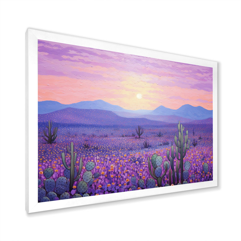 Cactus lavande paysage I sur toile, Cadre simple blanc, H 12 po x l 20 po x P 1 po