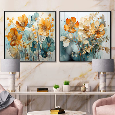 Blue Botanical Garden - Ensemble de 2 collages carrés botaniques abstraits
