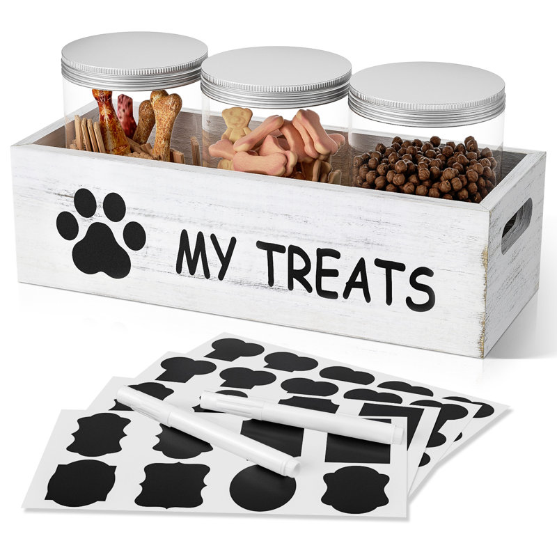 Contenant à gâterie pour chien avec comptoir à 3 pots avec rangement pour nourriture pour chiots, Blanc 1