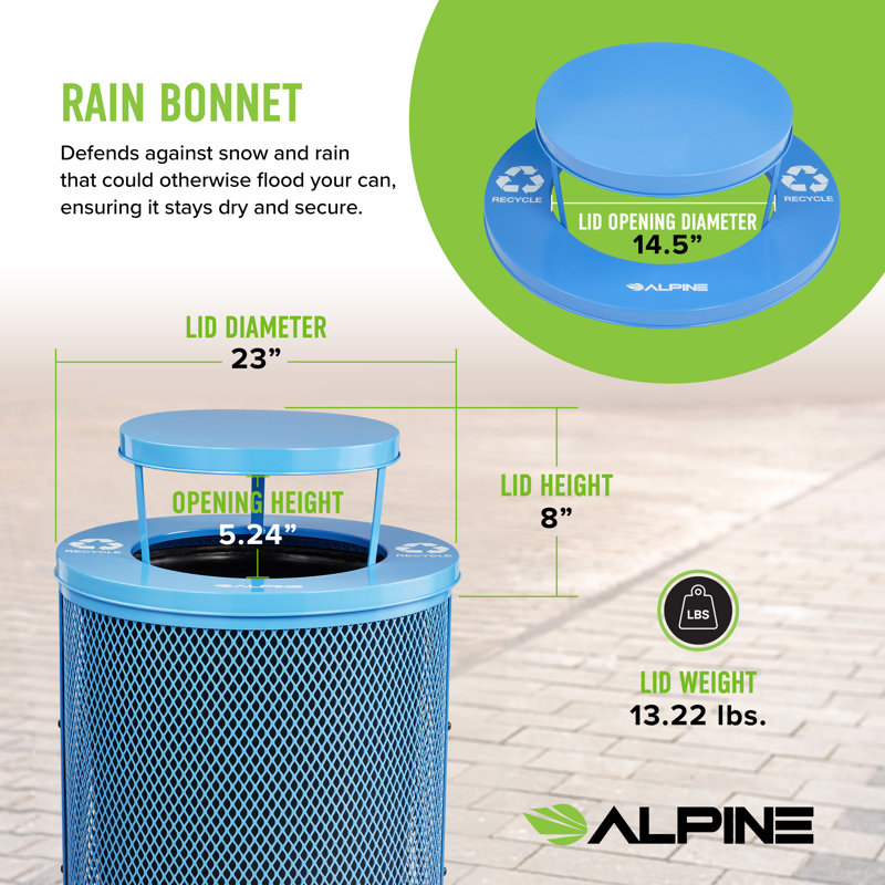 Alpine Industries Round Diamond Steel 36 Gallon Outdoor Trash Can With Rain Bonnet With Liner, Blue