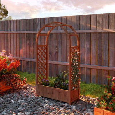 Lit de jardin surélevé avec treillis arqué, effet bois brun foncé