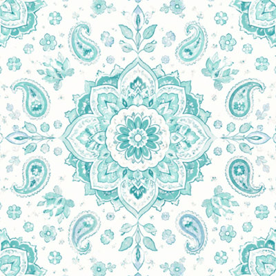 Papier peint auto-adhésif mandala sans soudure Turquoise blanc à motif de motifs indiens traditionnels