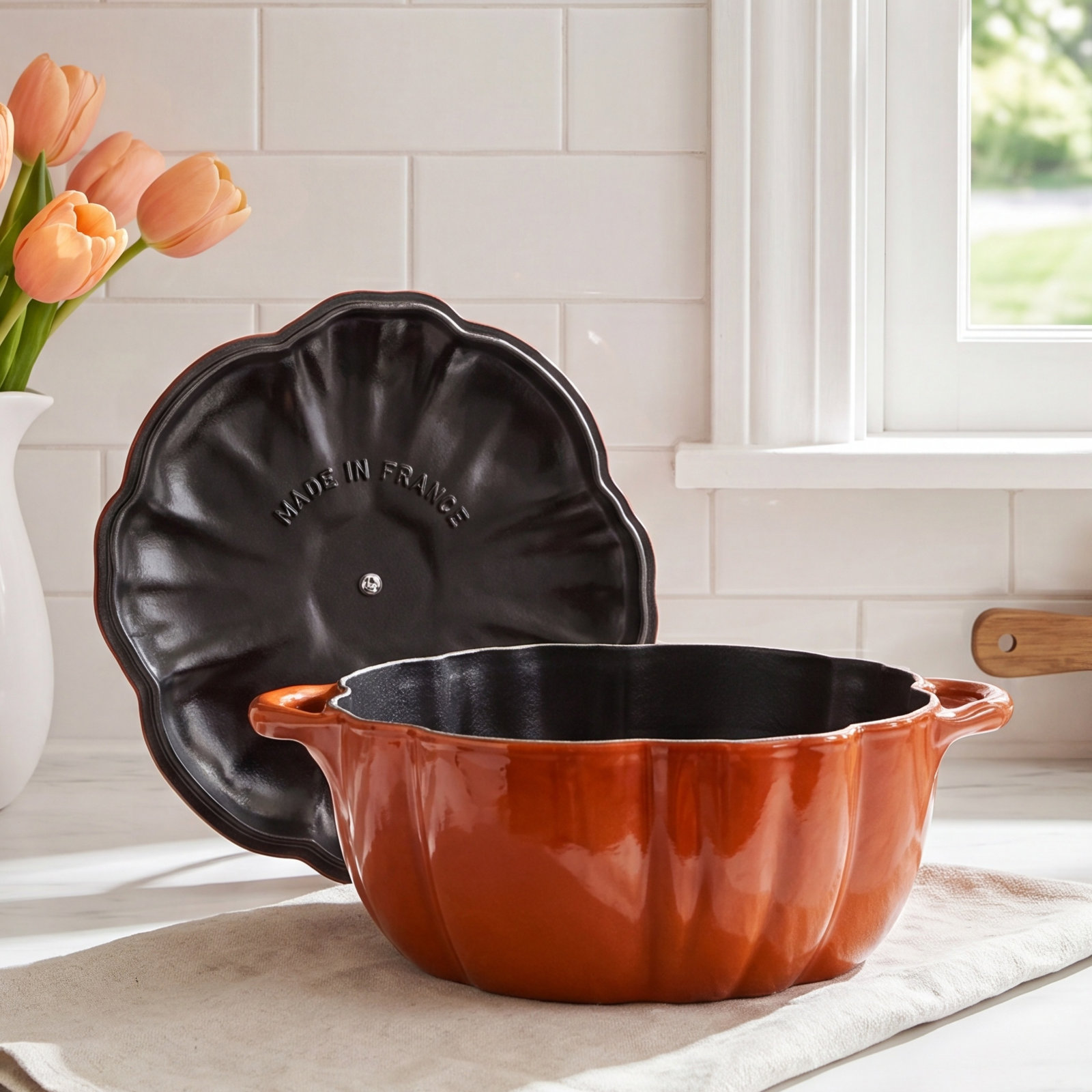 Enameled Cast Iron Pumpkin Dutch Oven, Brunt Orange