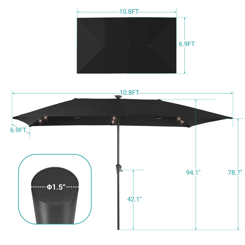 Parasol à DEL double face 11 pi x 7 pi avec auvent résistant aux rayons UV et manivelle, Noir, noir, noir, noir