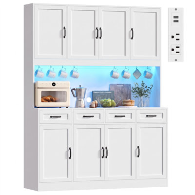 73.2"H x 59.2"W Large Kitchen Pantry Cabinet with 4 Drawers,  Adjustable Shelves, LED Lights and Power Outlets