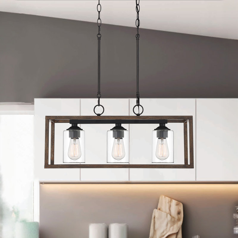 3 - Light Kitchen Island Rectangle Chandelier, Weathered Walnut