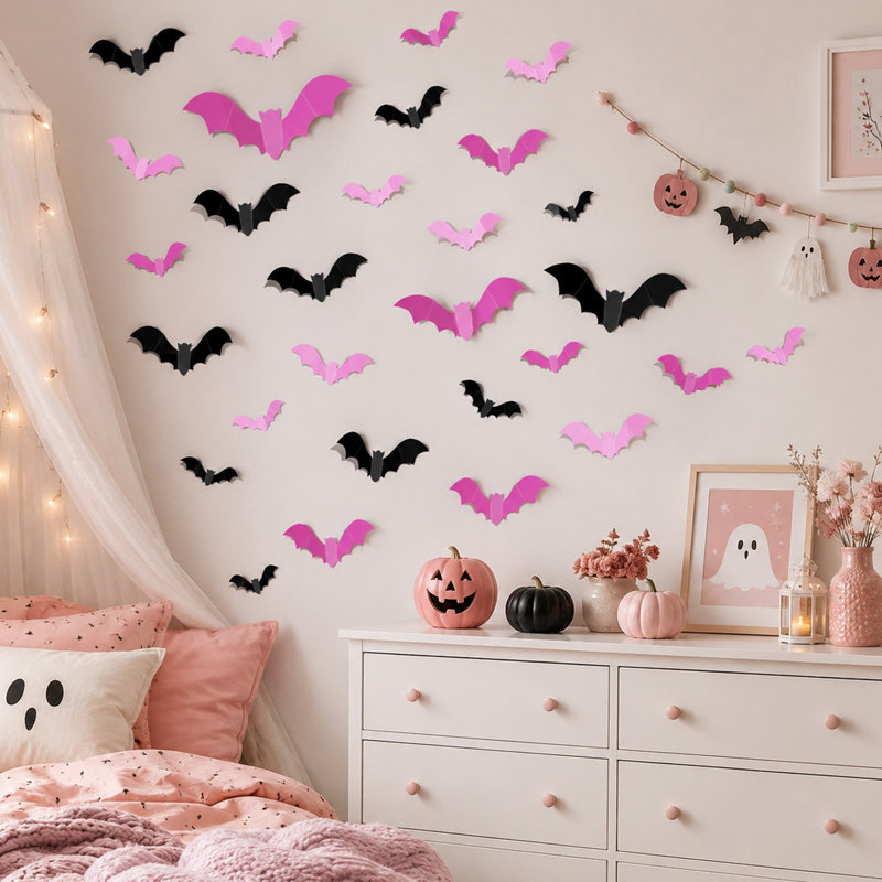 48 autocollants muraux de chauve-souris d'Halloween 3D rose et noir 48 pièces
