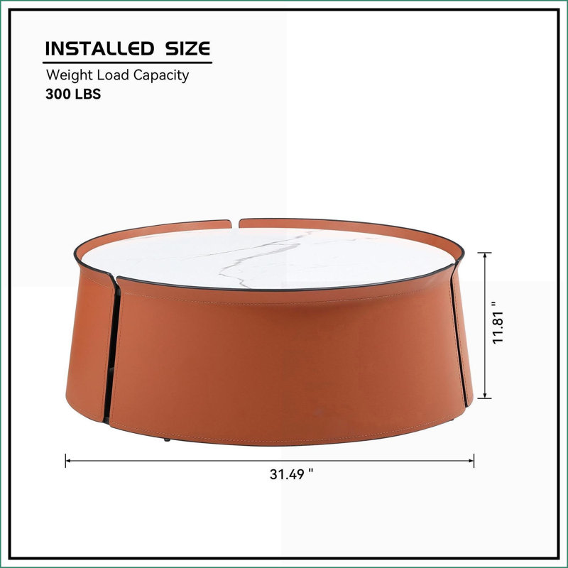 Table basse 31,5 po à dessus en marbre avec cadre en cuir orange et fer - sans assemblage, ce qui permet d'économiser de l'espace pour le salon