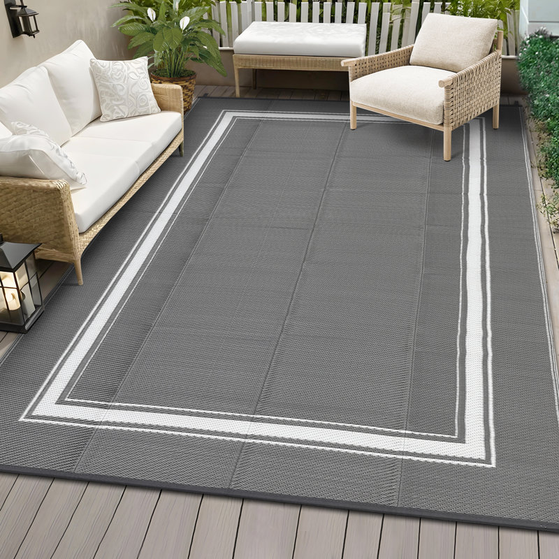 Outdoor Furniture Reversible Outdoor Area Rug Waterproof Plastic Patio Carpet UV & Weather Resistant Easy to Clean Modern Deck Ma