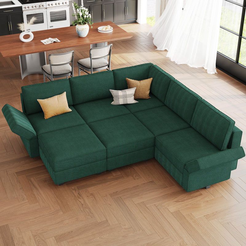 Nairoby Corduroy L-Shaped Sleeper Sectional , Green Corduroy