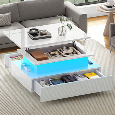  High Gloss Coffee Table With Drawer, Living Room Table Height Adjustable With 16 Colour LED