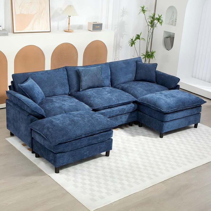 Upholstered U-Shape Sectional With Two Ottomans, Blue Chenille, 34.6" H x 111.8" W x 57.8" D